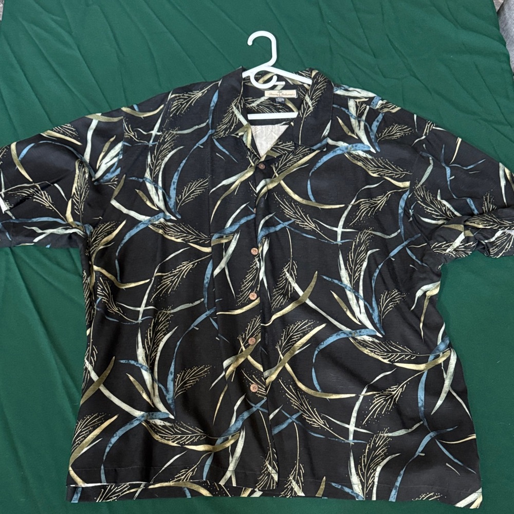 Tommy Bahama Silk Camp Shirt 2XL Black Tropical Leaf Hawaiian Button Up